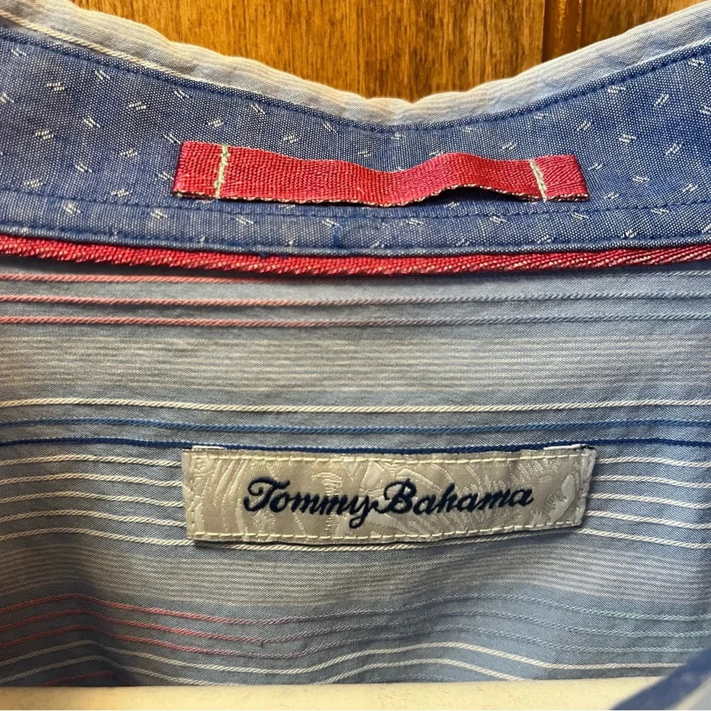Men’s Tommy Bahama Button Down Blue with Rainbow Stripes Large - Picture 2 of 5